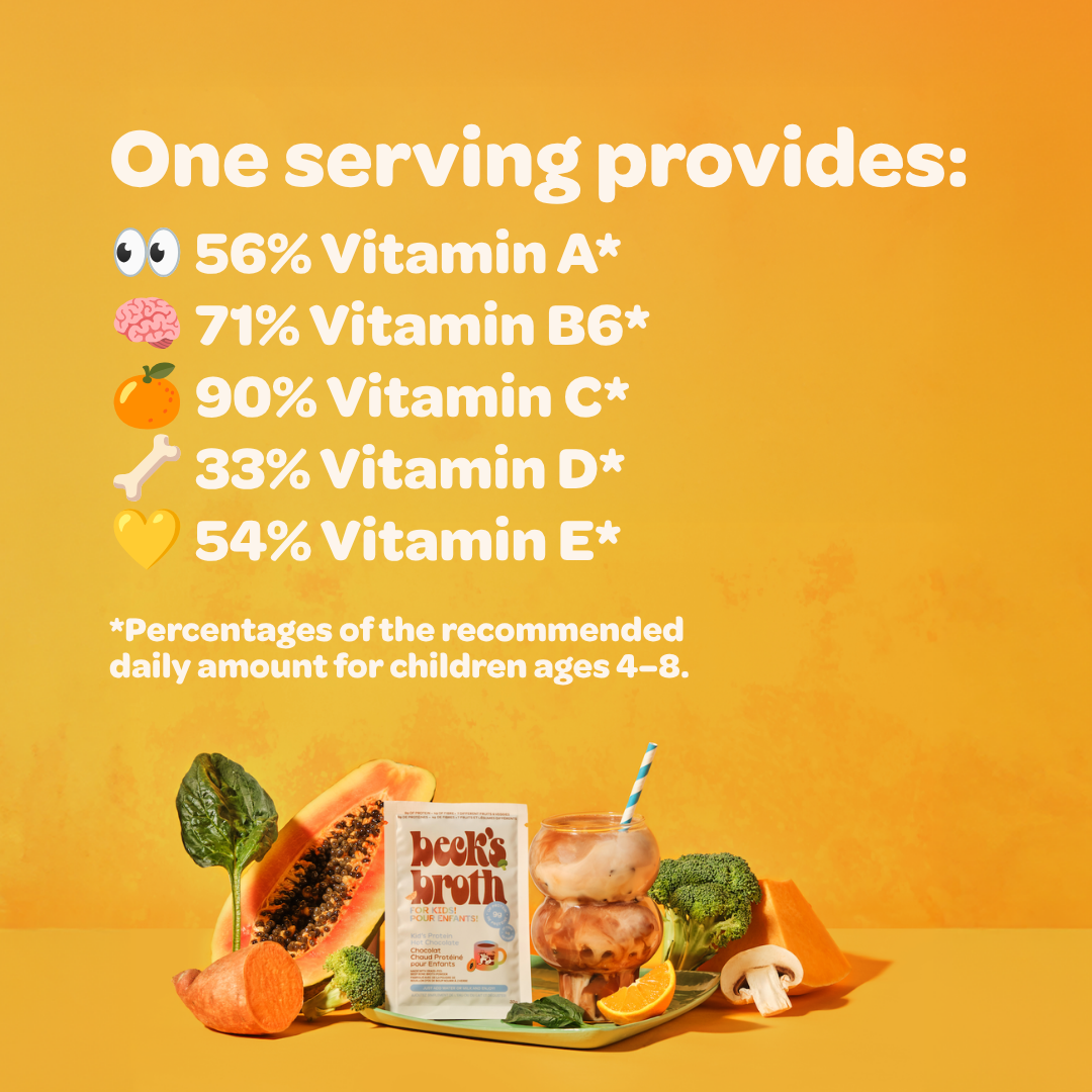 An orange promotional graphic showing a serving of beef broth powder with vegetables and a drink, plus text listing vitamins provided by one serving: 56% Vitamin A, 71% Vitamin B6, 90% Vitamin C, 33% Vitamin D, and 54% Vitamin E.