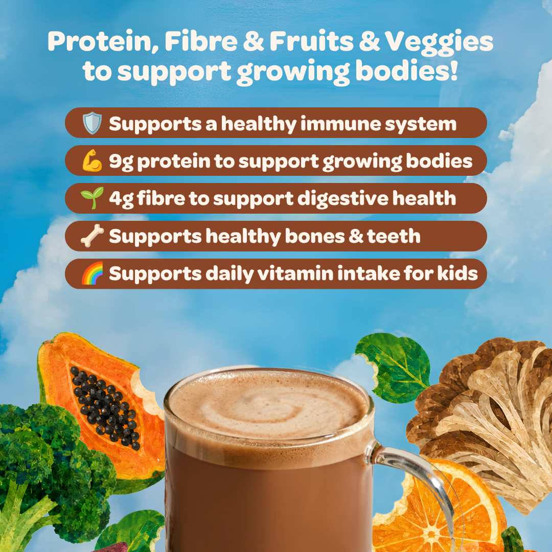 Promotional graphic for a children's protein drink. A glass mug filled with a frothy brown beverage sits on a white marble coaster, surrounded by illustrated fruits and vegetables including papaya, broccoli, orange, pumpkin, and mushrooms against a blue sky background.