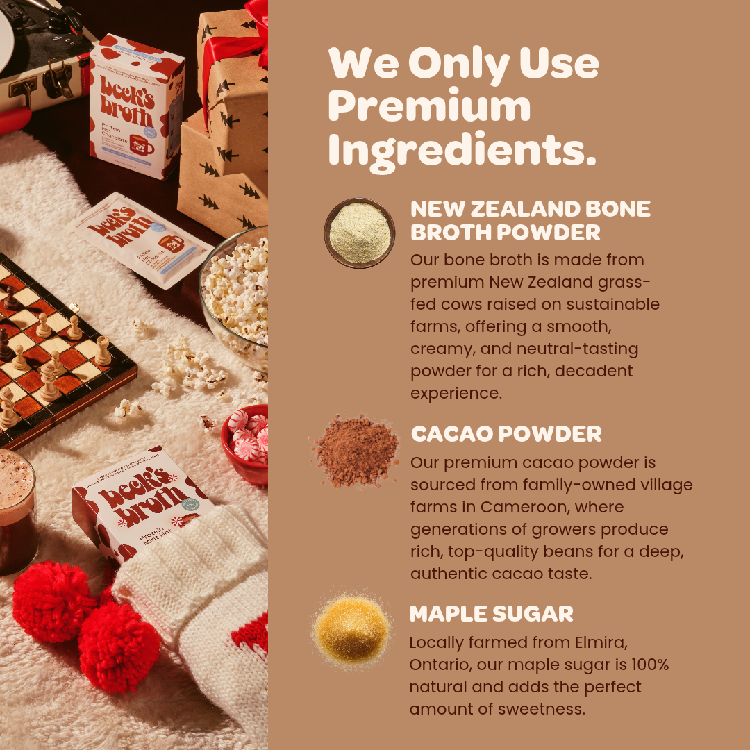 A promotional graphic for Beck's Broth featuring a warm brown background with text about premium ingredients: New Zealand bone broth powder, cacao powder, and maple sugar. The left side shows a styled flat lay with boxes of Buck's Nut Butter, a bowl of broth powder, cocoa powder, and maple sugar on a white knit blanket with red pom-poms.