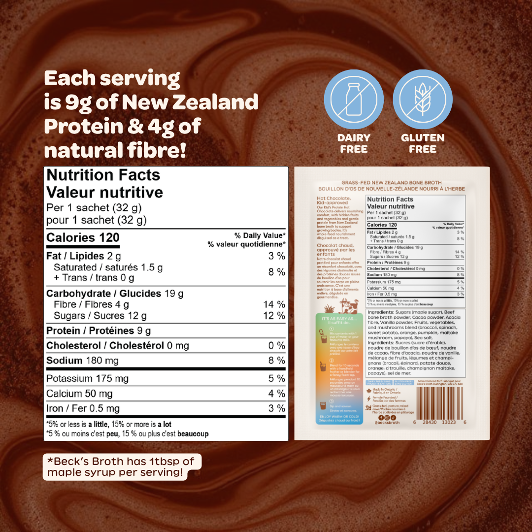 Back packaging panel for Beck's Broth featuring a nutrition facts label, product description, and icons indicating dairy free and gluten free, set against a dark brown chocolate swirl background.