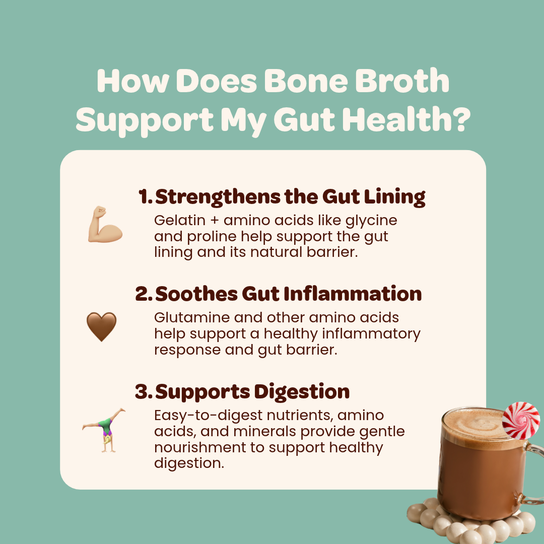 An informational graphic with the headline 'How Does Bone Broth Support My Gut Health?' on a teal background. A white rounded rectangle contains three benefit points with icons: strengthening the gut lining, soothing gut inflammation, and supporting digestion.