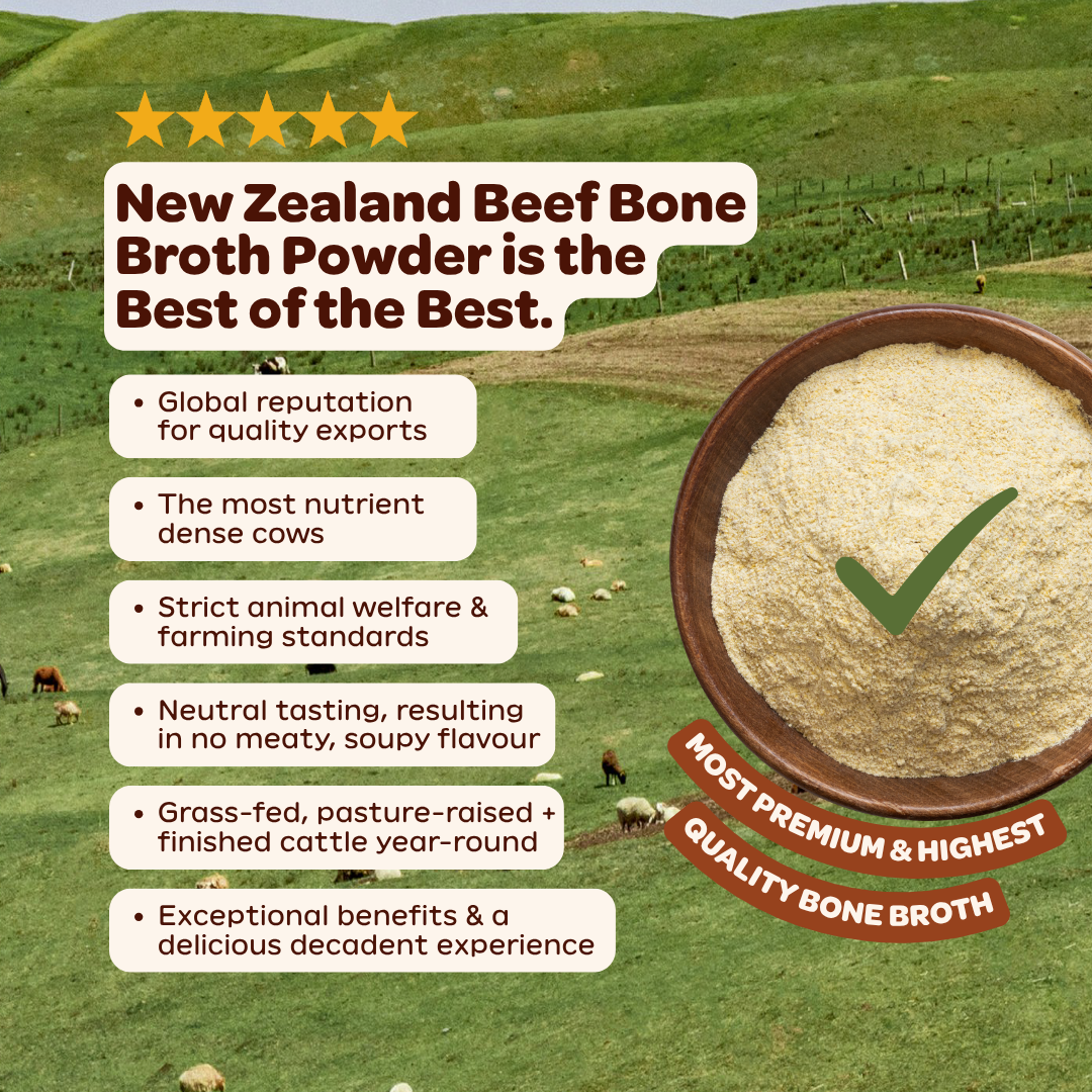 Advertisement for New Zealand Beef Bone Broth Powder with a scenic background of green fields and cows.