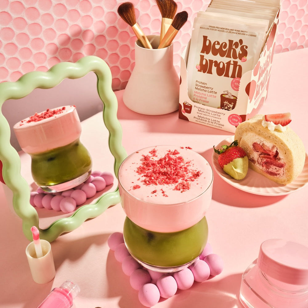 Beck's broth protein strawberry matcha latte, 15g of collagen-rich protein!