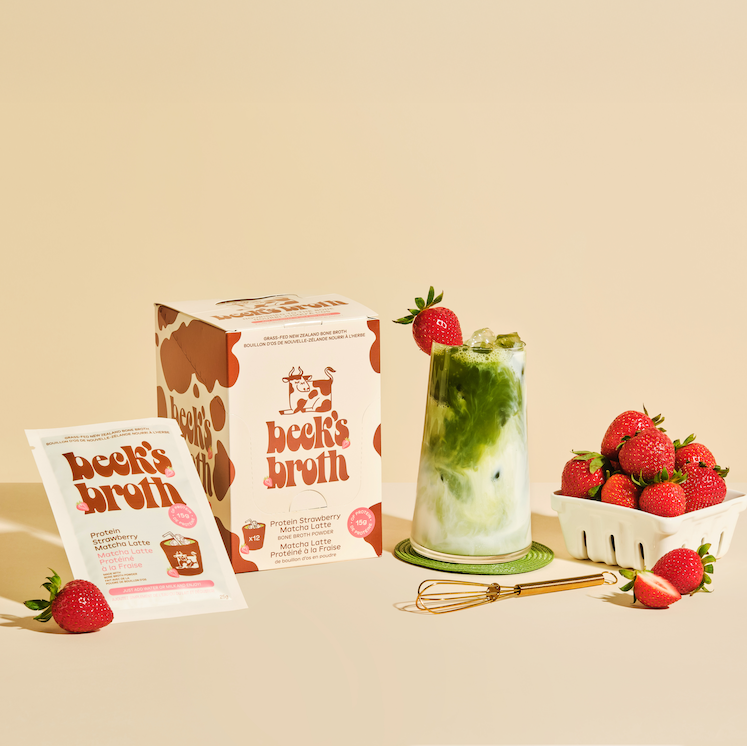 Protein strawberry matcha iced, with fresh strawberries